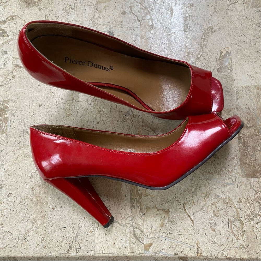 Elegant Dress Red Faux Leather Slip On Pump Open Toe High Heel Pierre Dumas 6M